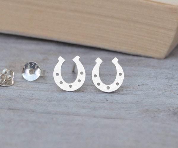 Lucky Horseshoes Stud Earrings in Sterling Silver, Silver Horseshoe Ear Studs