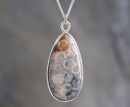 32ct Teardrop Fossilized Coral Necklace, Fossil Coral Necklace, One-of-a-kind Necklace