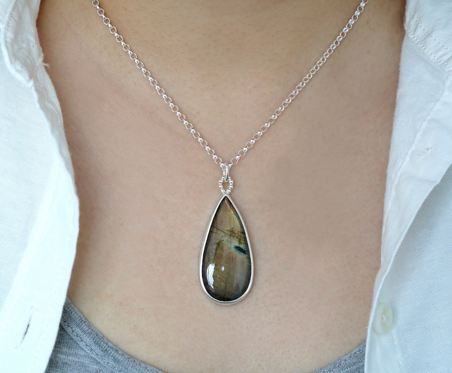 Large Labradorite Necklace in Recycled Sterling Silver, Peacock Feather Coloured Labradorite Statement Necklace