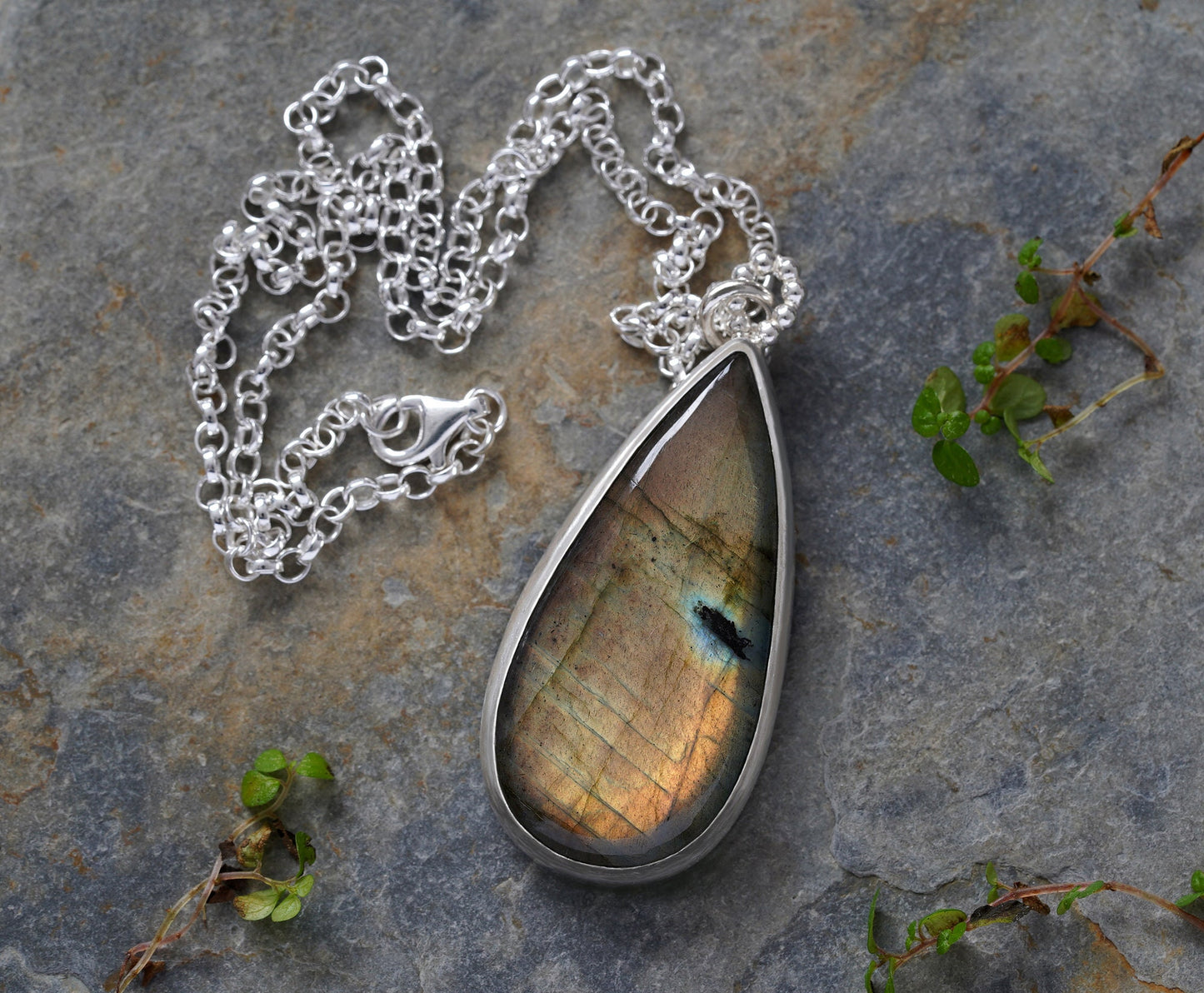 Large Labradorite Necklace in Recycled Sterling Silver, Peacock Feather Coloured Labradorite Statement Necklace