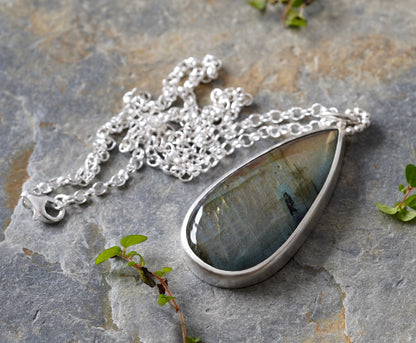 Large Labradorite Necklace in Recycled Sterling Silver, Peacock Feather Coloured Labradorite Statement Necklace