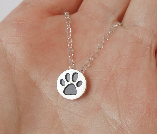 Pawprint Necklace in Oxidized Sterling Silver, Silver Paw Print Necklace