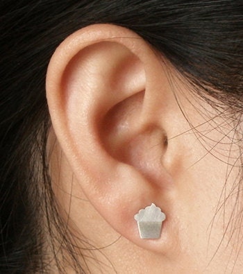 Cupcake Stud Earrings in Sterling Silver, Silver Cupcake Ear Posts