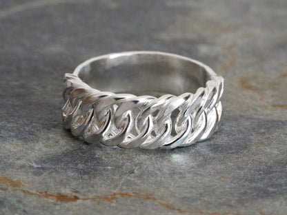 Curb Chain Ring in Sterling Silver, 7mm Wide Chain Ring, UK size L (US size 5.75)