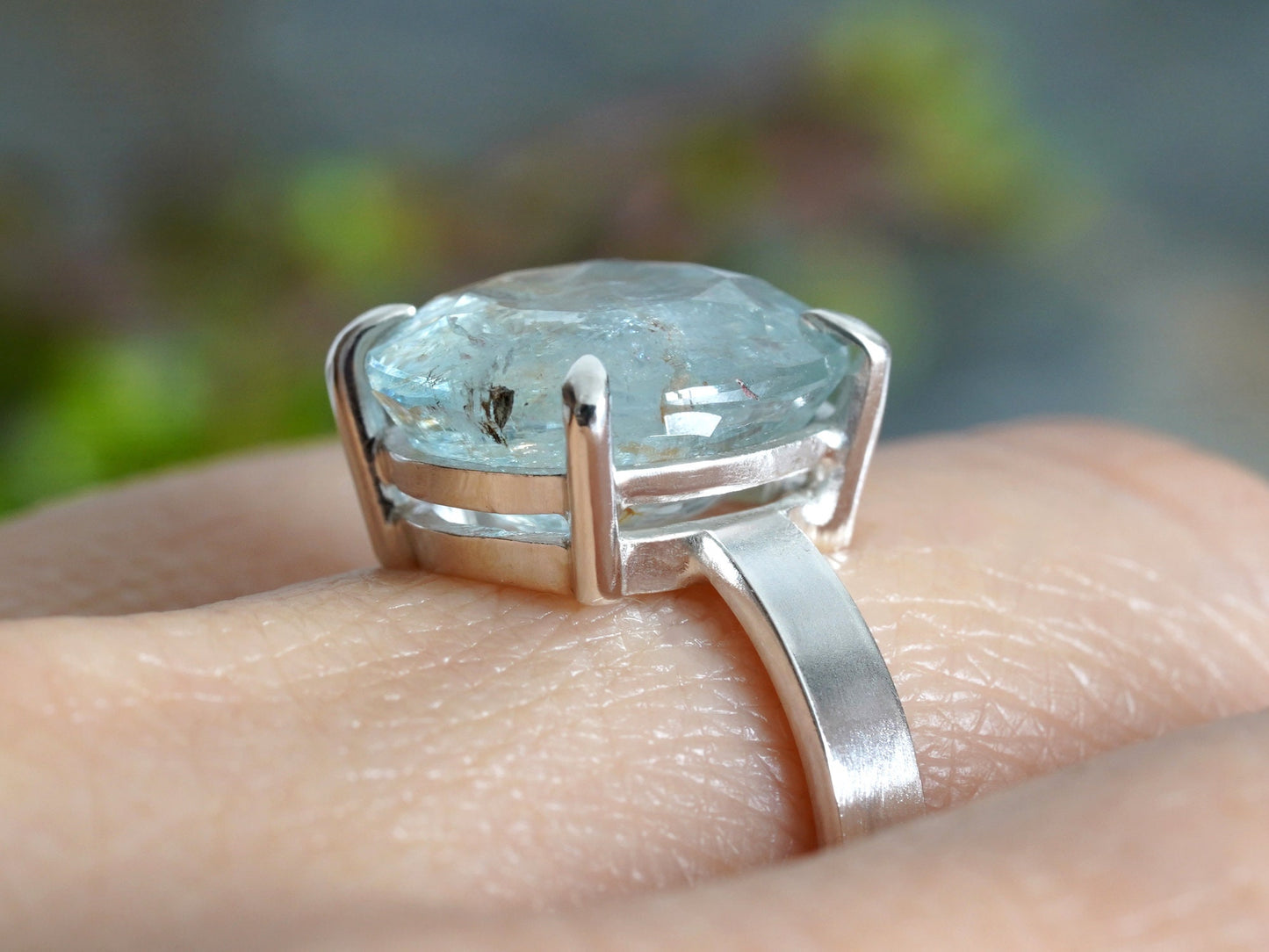 5.45ct Bi Colour Aquamarine Ring, March Birthstone Ring, Oval Aquamarine Ring, Prong Set Aquamarine Ring