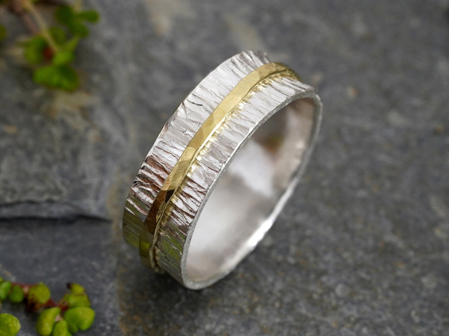 Spinner Wedding Band in 18ct Yellow Gold and Sterling Silver, Mixed Metal Wedding Band, Two Tone Wedding Band, Size M 1/2