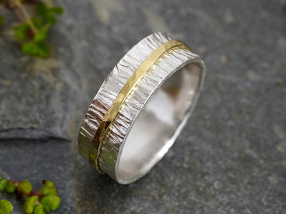 Spinner Wedding Band in 18ct Yellow Gold and Sterling Silver, Mixed Metal Wedding Band, Two Tone Wedding Band, Size M 1/2