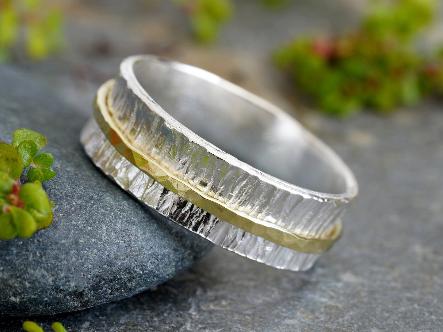 Spinner Wedding Band in 18ct Yellow Gold and Sterling Silver, Mixed Metal Wedding Band, Two Tone Wedding Band, Size M 1/2