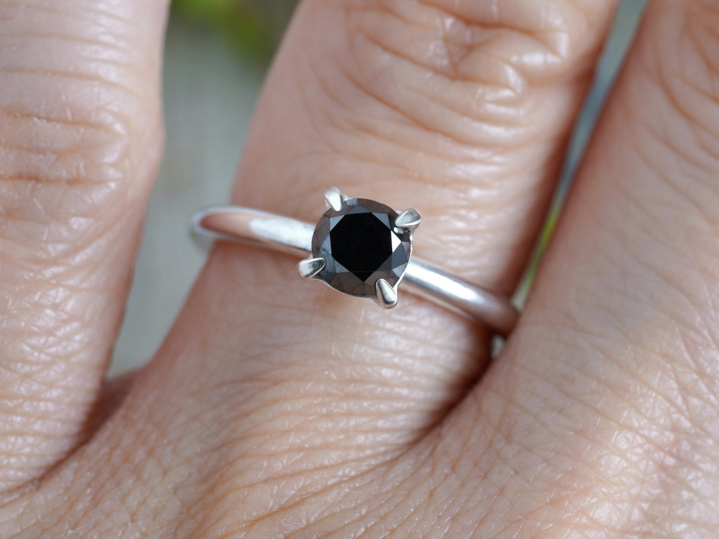 5mm Black Diamond Engagement Ring, 0.70ct Black Diamond Ring, Round Diamond Solitaire Ring