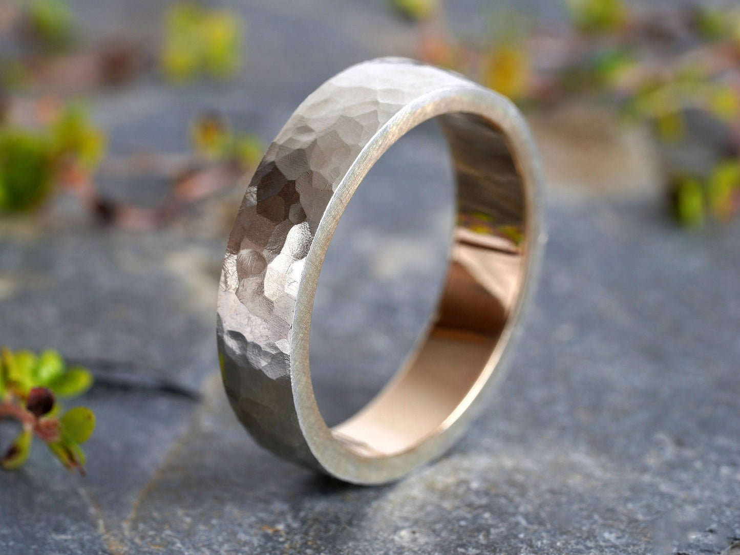 Two Tone Wedding Band with Hammered Effect, 2 Colour Wedding Ring, 6mm Rustic Wedding Band, Made To Order