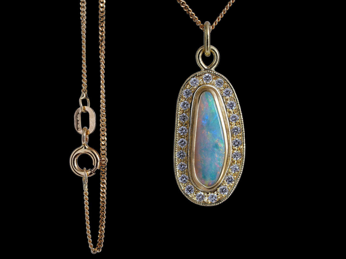 Opal Necklace with Diamonds in 18k Yellow Gold, One-Of-A-Kind White Opal Necklace in 18k Yellow Gold, Handmade Opal Necklace