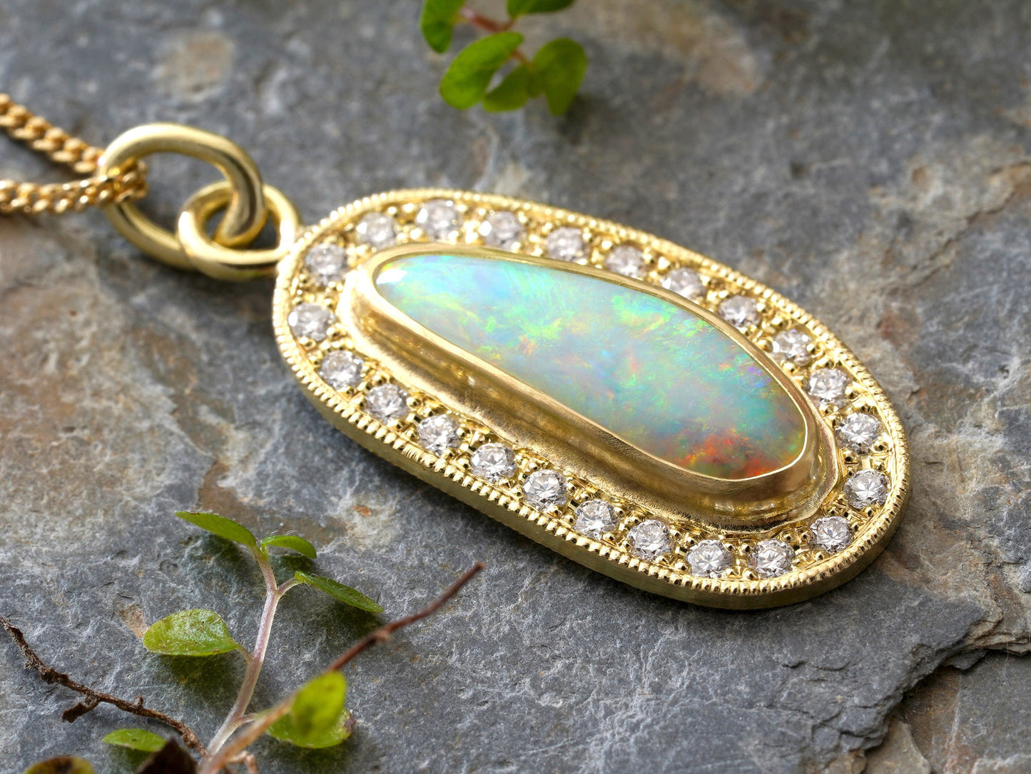 Opal Necklace with Diamonds in 18k Yellow Gold, One-Of-A-Kind White Opal Necklace in 18k Yellow Gold, Handmade Opal Necklace