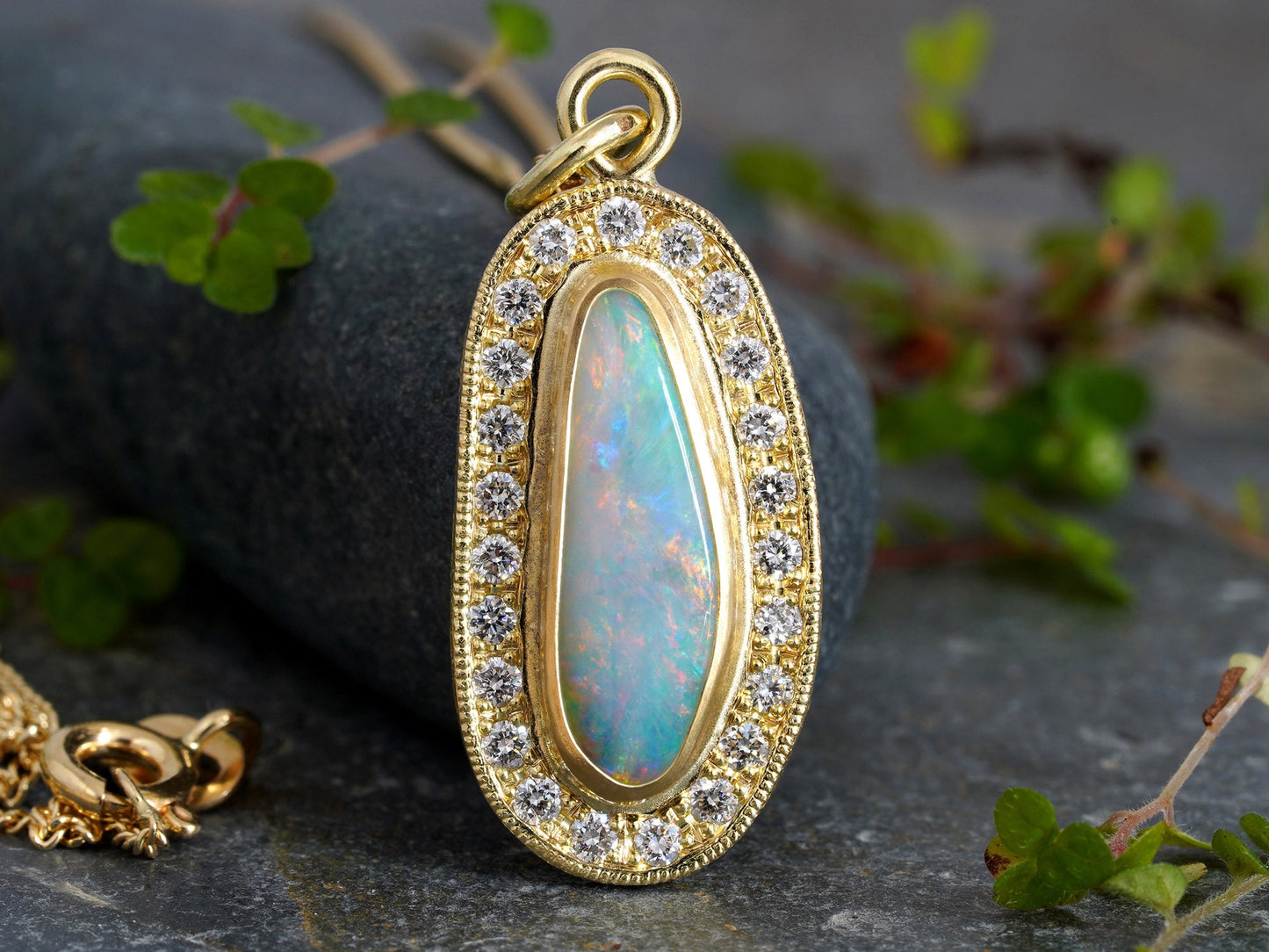 Opal Necklace with Diamonds in 18k Yellow Gold, One-Of-A-Kind White Opal Necklace in 18k Yellow Gold, Handmade Opal Necklace