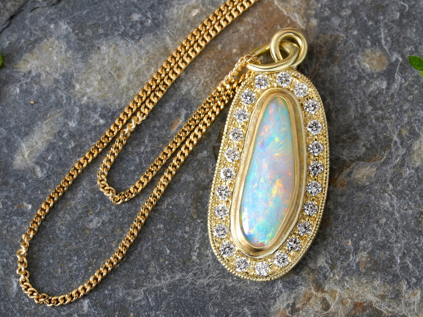 Opal Necklace with Diamonds in 18k Yellow Gold, One-Of-A-Kind White Opal Necklace in 18k Yellow Gold, Handmade Opal Necklace