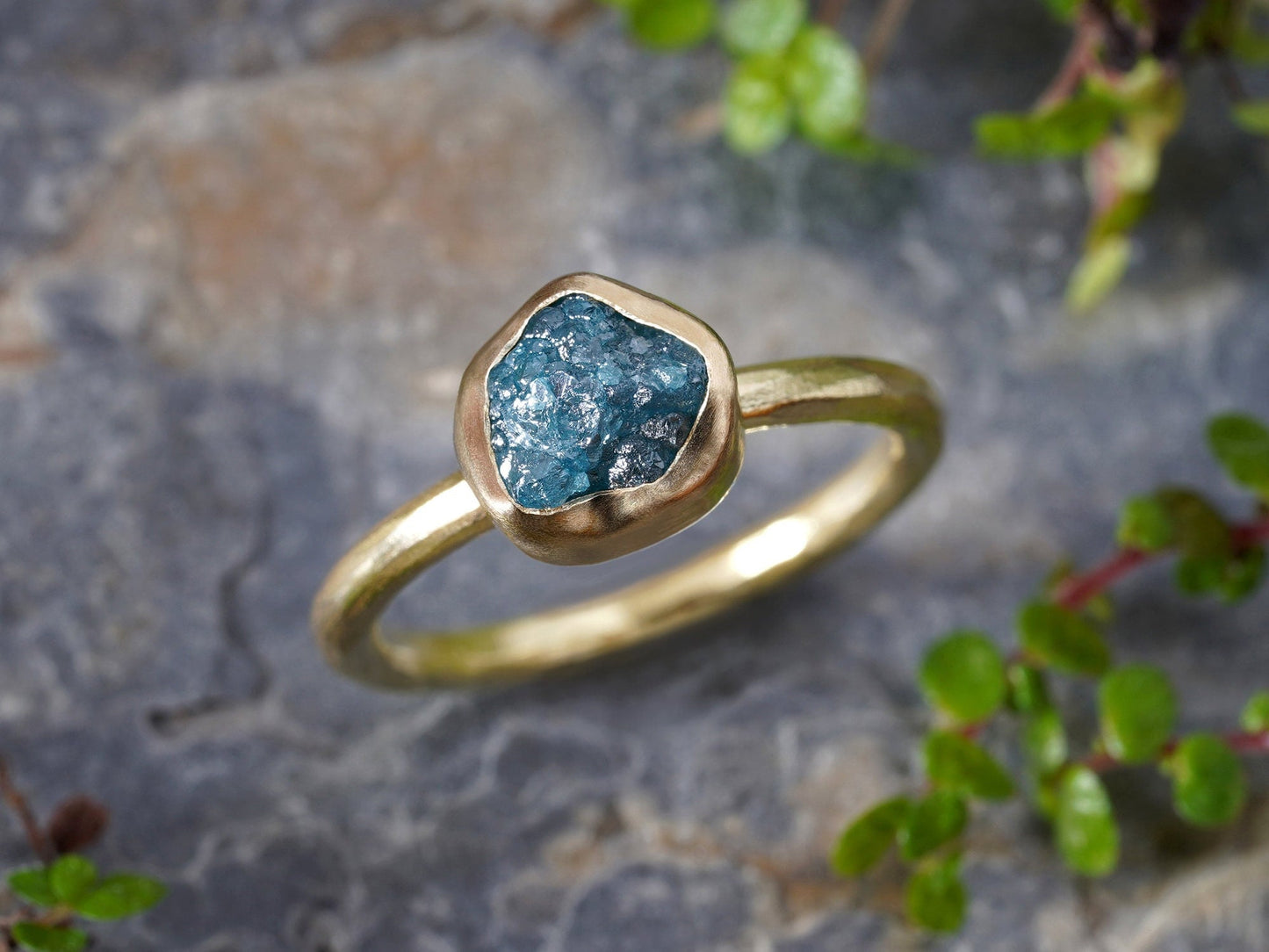 Blue Diamond Engagement Ring in 18ct Yellow Gold, 1.30ct Diamond Ring, 1.30ct Rustic Diamond Ring