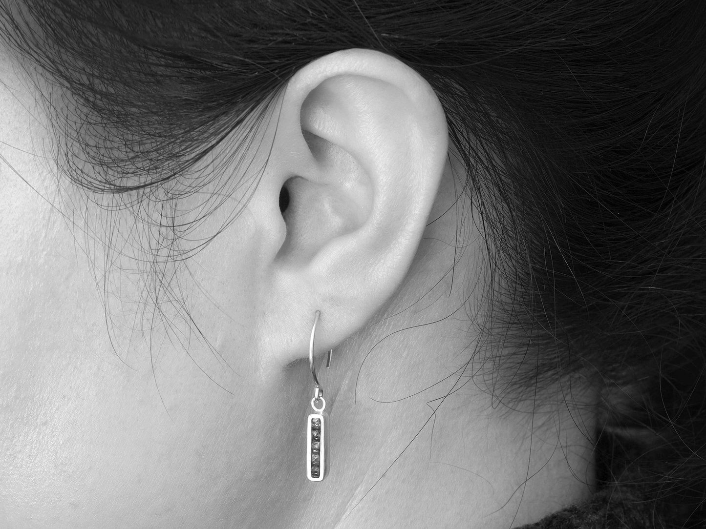 1ct Rough Diamond Earrings, Black Diamond Earrings, Channel Set Diamond Earrings