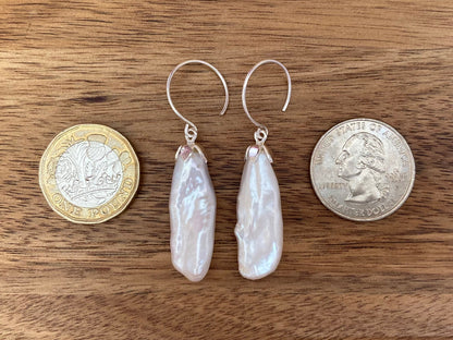 Natural Keshi Pearl Dangle Earrings in Sterling Silver, Bridal Earrings