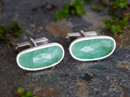 9.1ct Emerald Cufflinks in Sterling Silver, One of a Kind Cufflinks, Gemstone Cufflinks