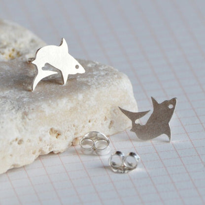 Shark Stud Earrings in Sterling Silver, Silver Shark Ear Posts, Animal Stud Earrings