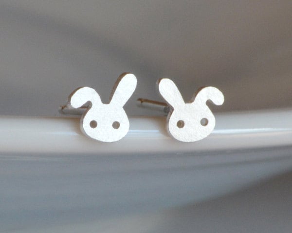 Bunny Stud Earrings with Floppy Ear, Silver Rabbit Ear Posts