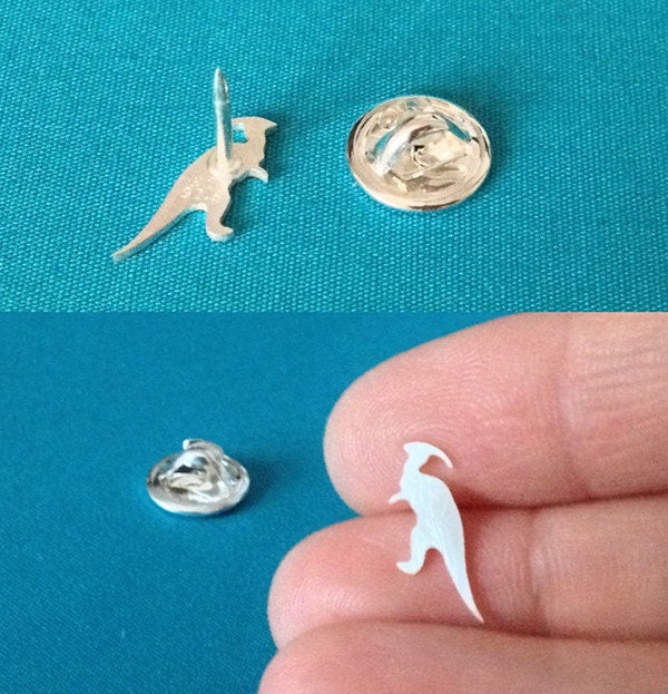 Parasaurolophus Dinosaur Lapel Pin in Sterling Silver, Silver Dinosaur Pin