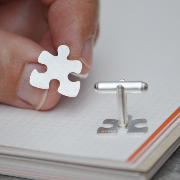 Jigsaw Puzzle Cufflinks in Sterling Silver, Personalized Puzzle Cufflinks