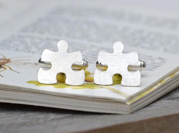 Jigsaw Puzzle Cufflinks in Sterling Silver, Personalized Puzzle Cufflinks