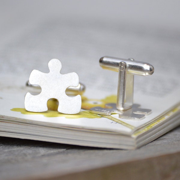 Jigsaw Puzzle Cufflinks in Sterling Silver, Personalized Puzzle Cufflinks