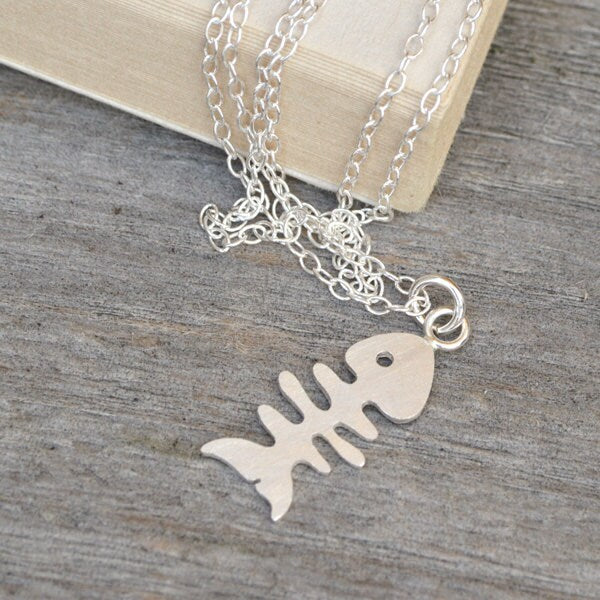 Fishbone and Cat Necklace in Sterling Silver, Silver Fishbone Necklace, Silver Cat necklace