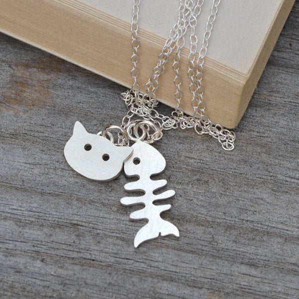 Fishbone and Cat Necklace in Sterling Silver, Silver Fishbone Necklace, Silver Cat necklace