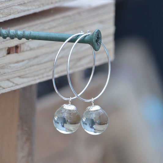 Glass Ball Dangle Earrings with Silver Hoops, Hoop Earrings with Glass Balls