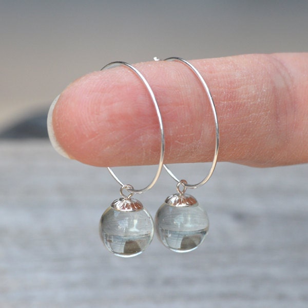 Glass Ball Dangle Earrings with Silver Hoops, Hoop Earrings with Glass Balls