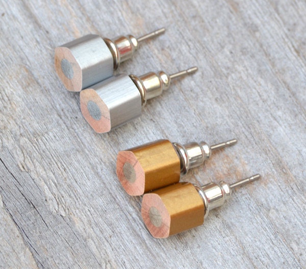 Golden Pencil Stud Earrings, Silver Pencil Ear Post, Hexagon Pencil Earrings