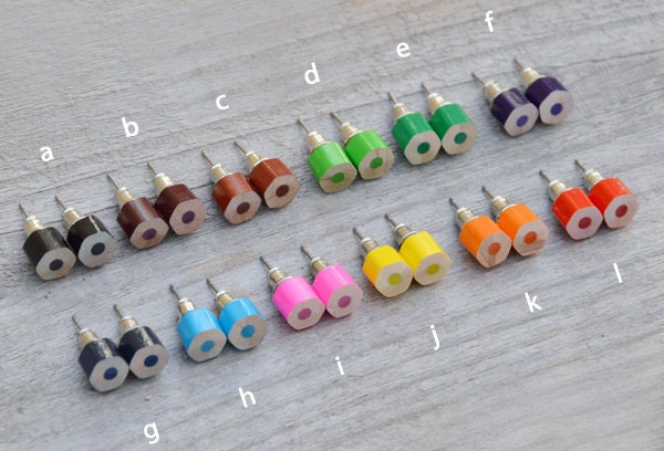 Colour Pencil Stud Earrings, Hexagon Pencil Ear Posts, Colourful Pencil Earrings