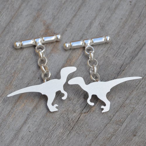 Velociraptor Cufflinks in Sterling Silver, Personalized Dinosaur Cufflinks