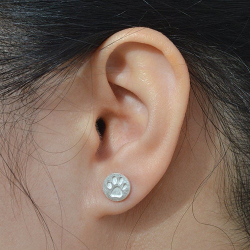 Pawprint Stud Earrings in Sterling Silver, Silver Pawprint Ear Posts