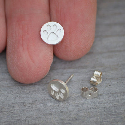 Pawprint Stud Earrings in Sterling Silver, Silver Pawprint Ear Posts