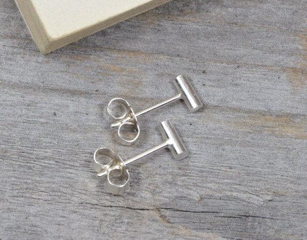Small Stick Stud Earrings, Simple Bar Ear Posts in Silver