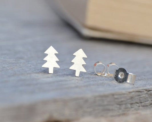 Christmas Tree Stud Earrings in Sterling Silver, Silver Xmas Tree Ear Post
