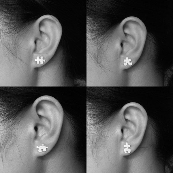 Jigsaw Puzzle Stud Earrings in Sterling Silver, Silver Puzzle Ear Posts