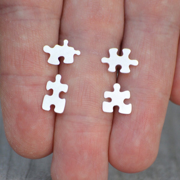 Jigsaw Puzzle Stud Earrings in Sterling Silver, Silver Puzzle Ear Posts