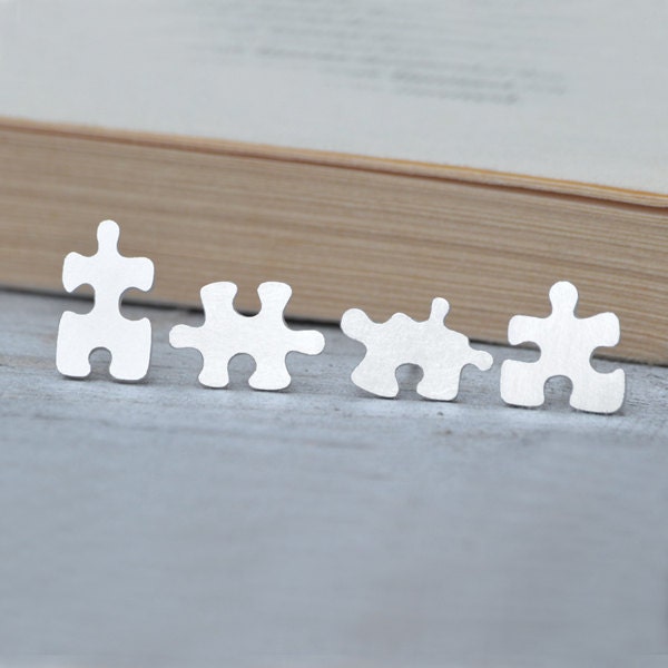 Jigsaw Puzzle Stud Earrings in Sterling Silver, Silver Puzzle Ear Posts